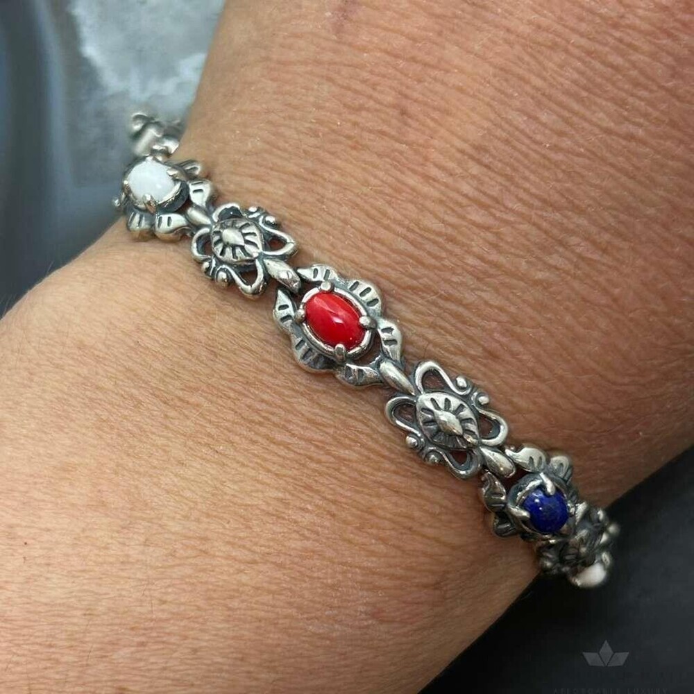 Carolyn Pollack Sterling Oval Lapis, Coral, White Jasper Link Bracelet For Women